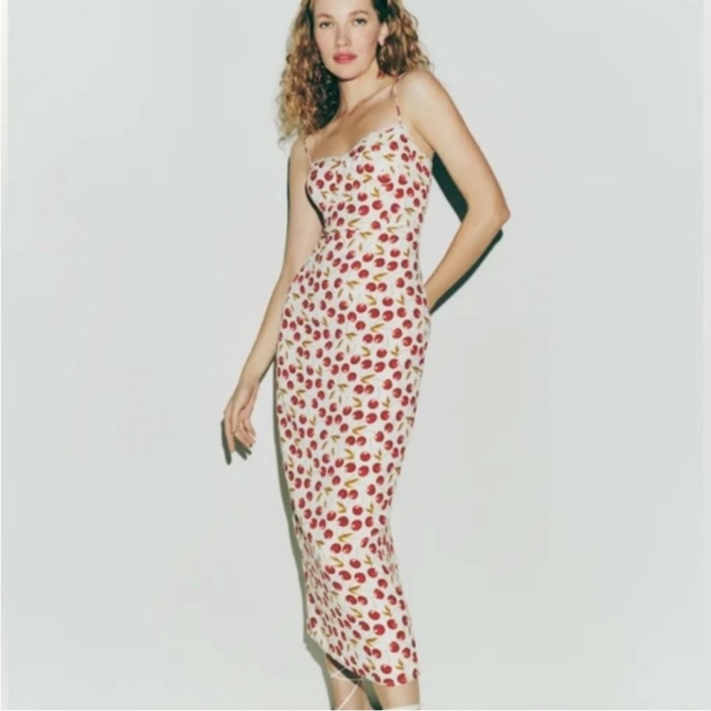 Reformation Pennington Spaghetti-Strap Midi Dress with Red Cherry Print size 4